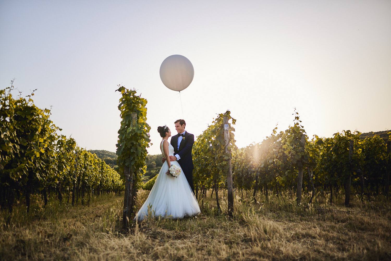 Brautpaar zwischen Weinreben im Gegenlicht, darüber ein weißer Riesenballon
